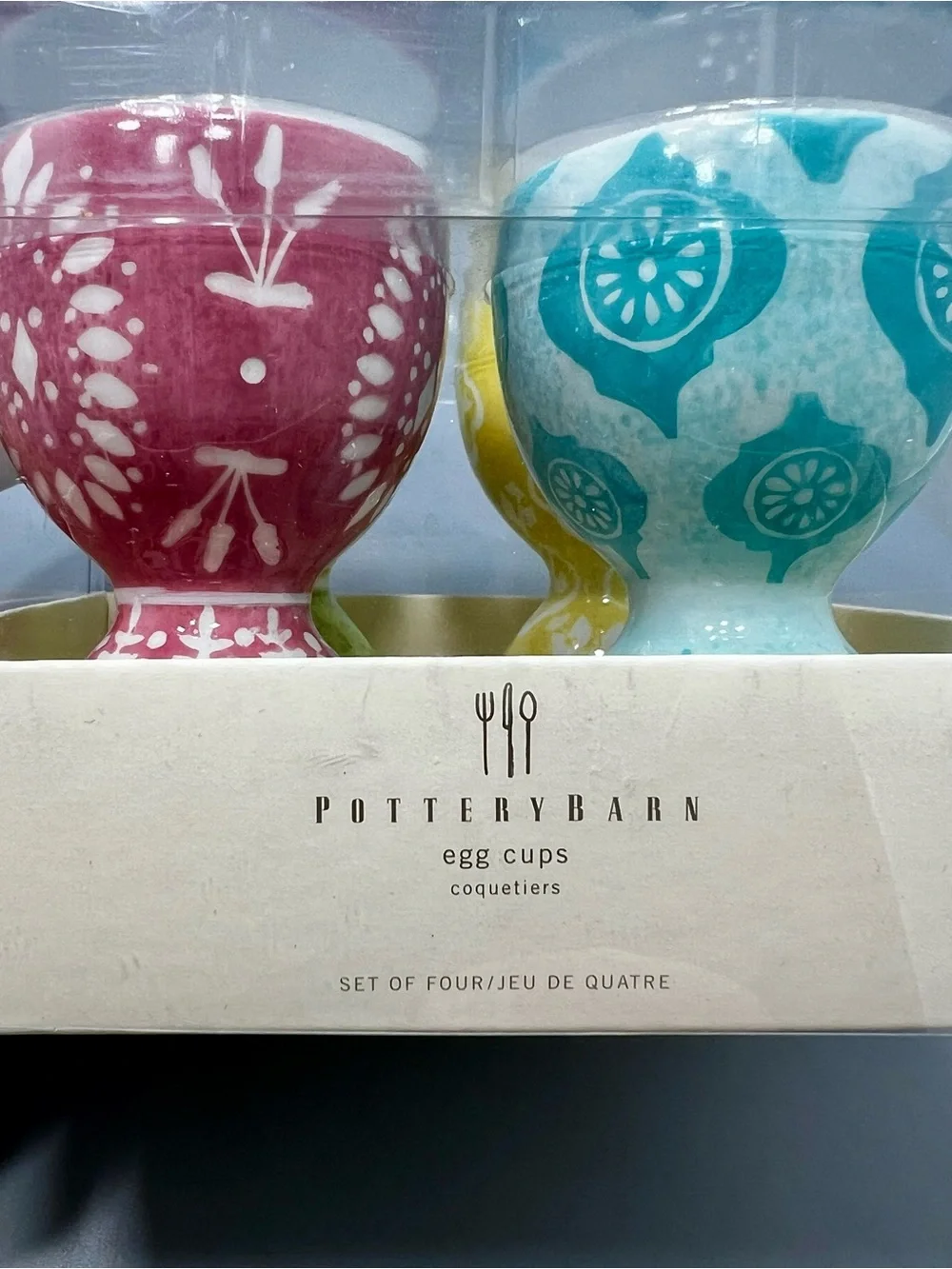 Pottery Barn Colorful Ceramic Egg Cup Set - Red, Green, Yellow, Blue